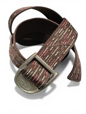 Chaco Self Cinching Brown Pink Woven   Webbed Patterned Belt Aluminum Buckle